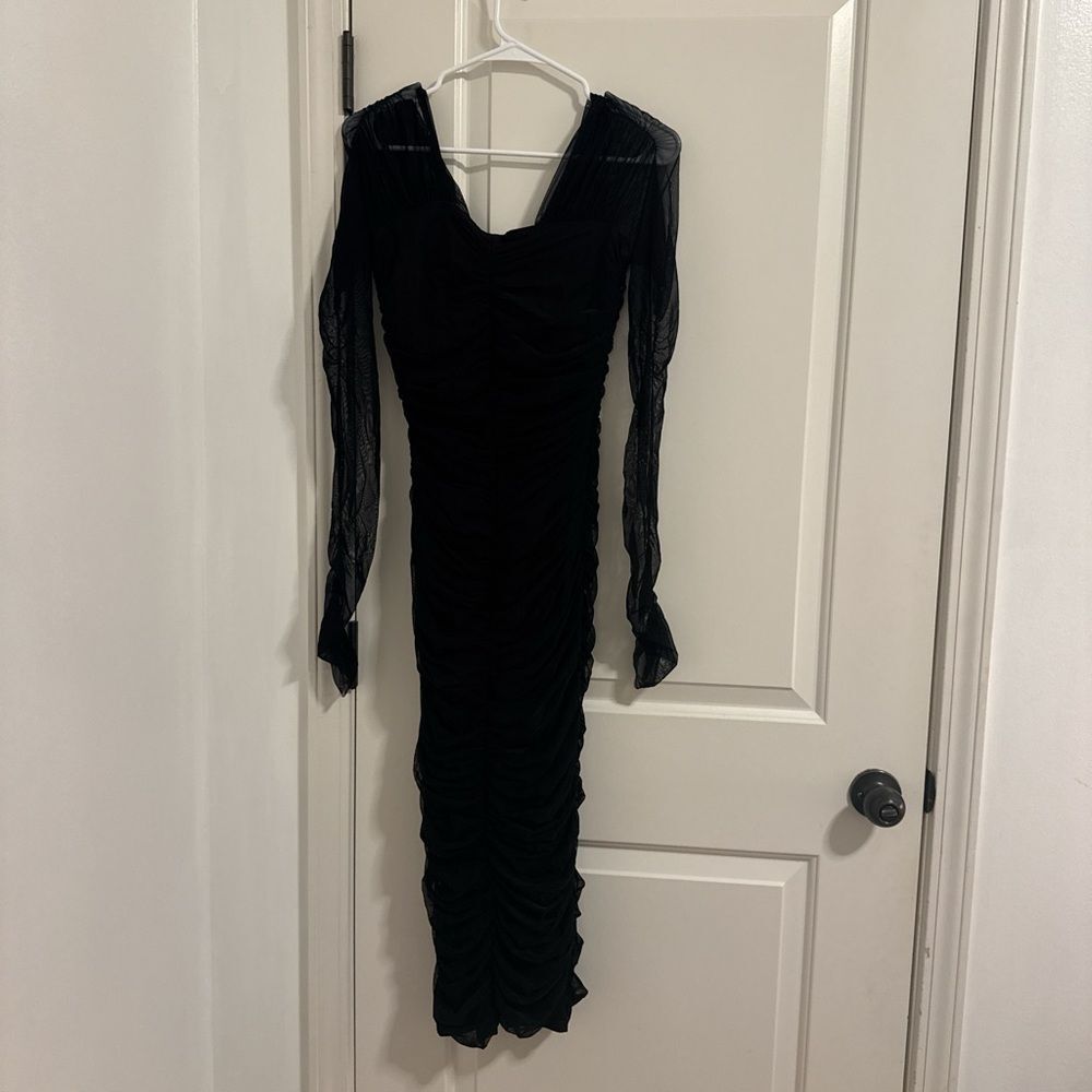 A.L.C. Black Ruched Long-Sleeve Midi Dress